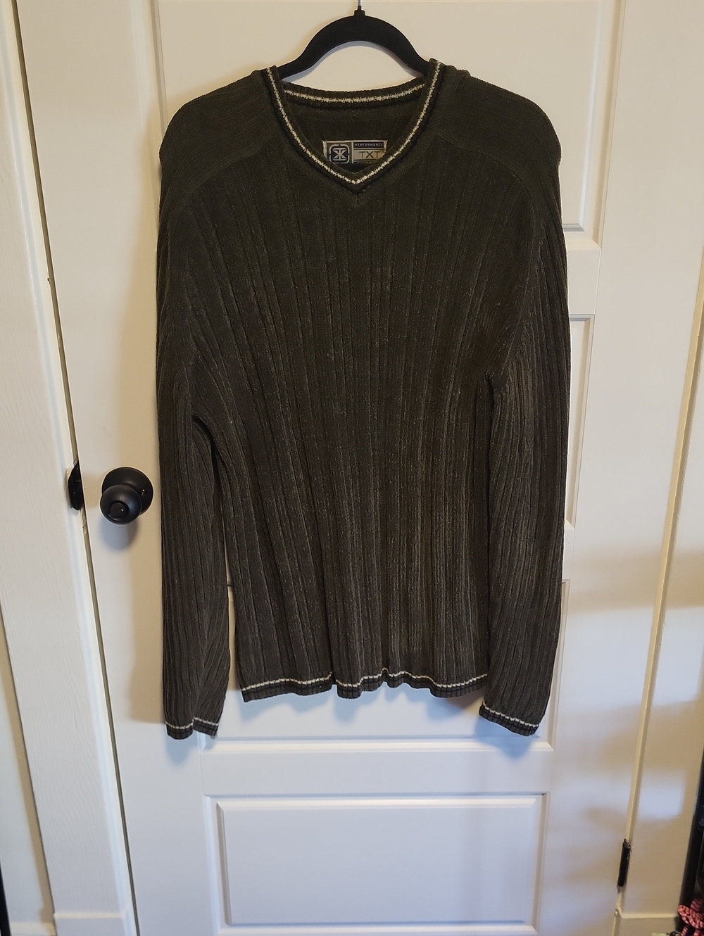 Men's Ribbed V-Neck Sweater in Olive with Contrast Trim